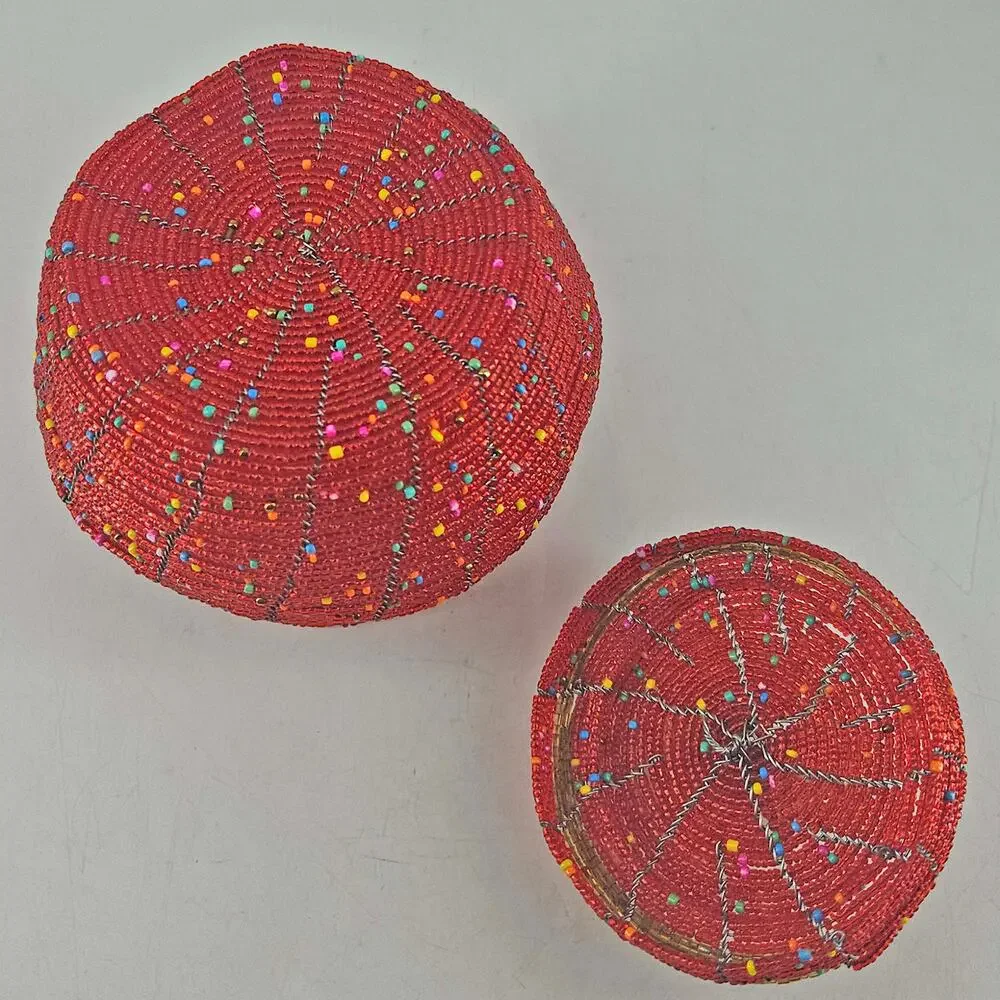 Vintage handcrafted red African beaded lidded jar trinket dish